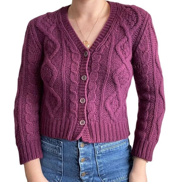 J Crew Womens Purple Chunky Cable Knit Alpaca Wool Blend Cardigan Sz XS - Picture 1 of 9